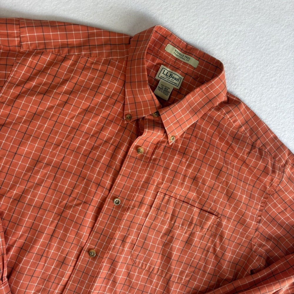 L.L. Bean Shirt Mens XL Traditional Fit Orange Plaid Button Down Wrinkle Free